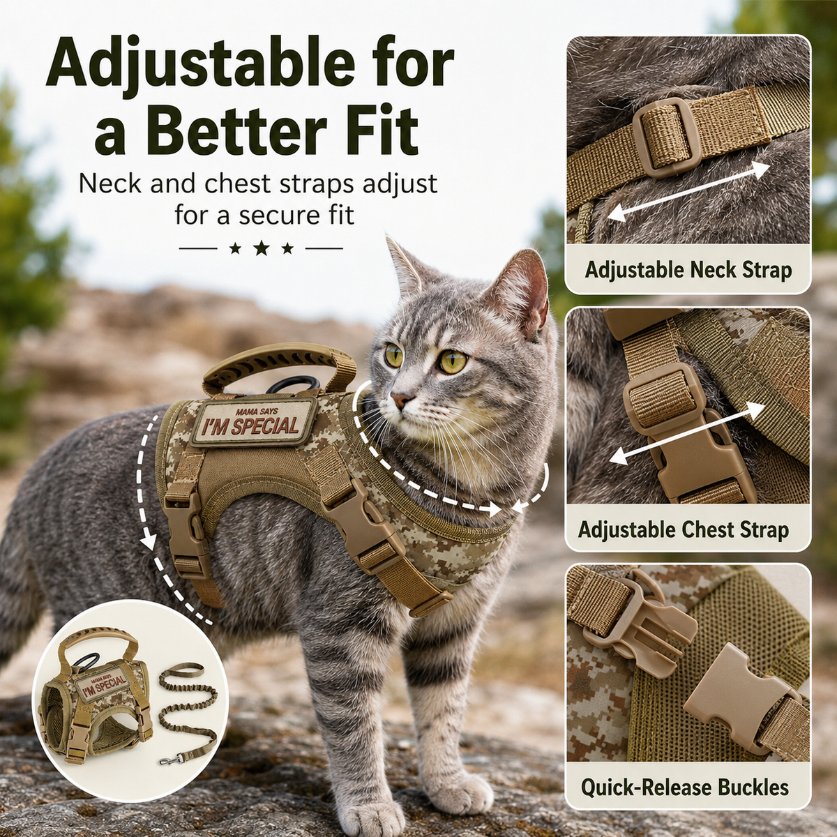 Tactical Cat Harness with Leash for Outdoor Walks, Adjustable Escape-Resistant Vest for Cats
