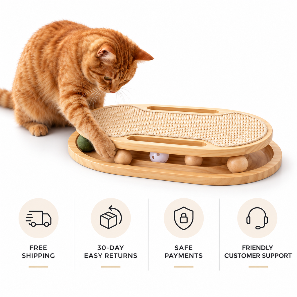 Interactive Cat Toy for Indoor Cats   Wooden Cat Scratcher with Ball Track & Scratch Pad for Kittens