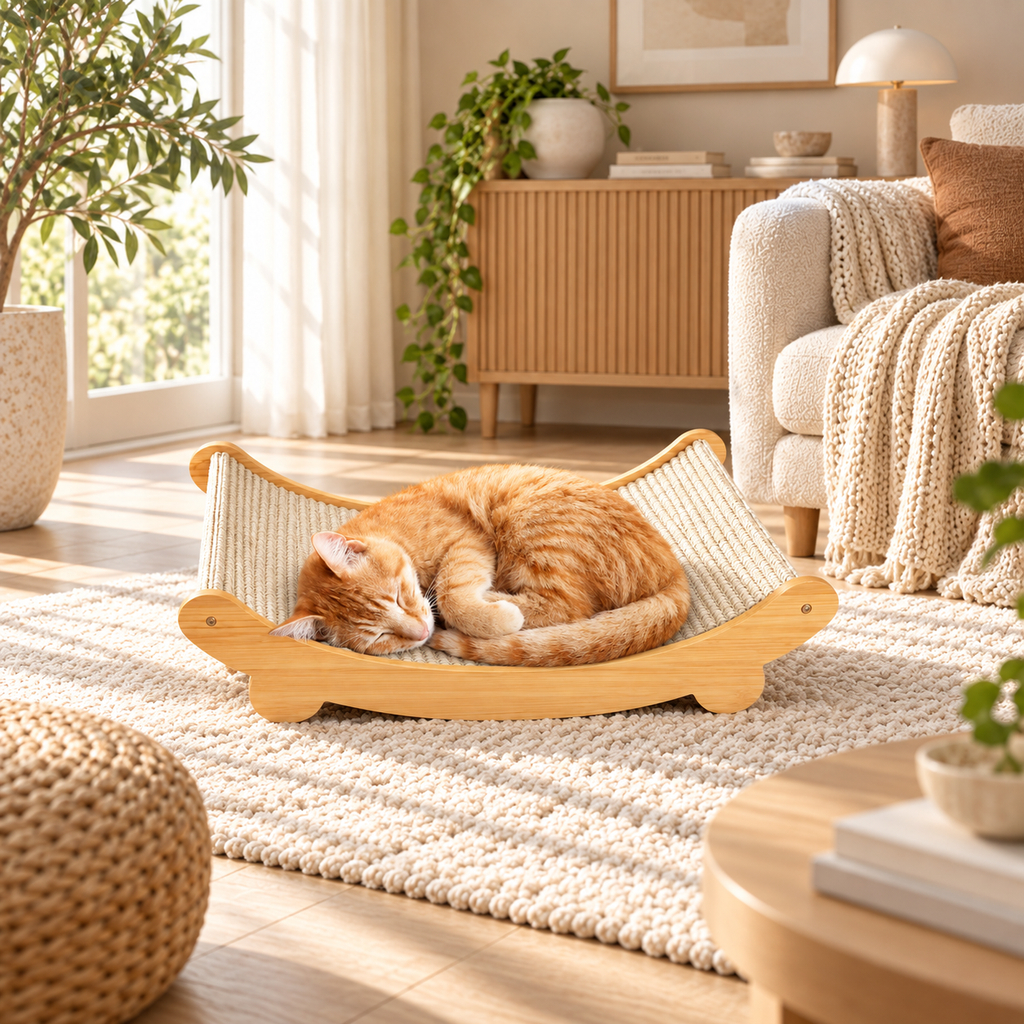 Wooden Cat Scratcher Bed for Indoor Cats Curved Sisal Scratch Pad & Lounge Hammock for Kittens & Cats