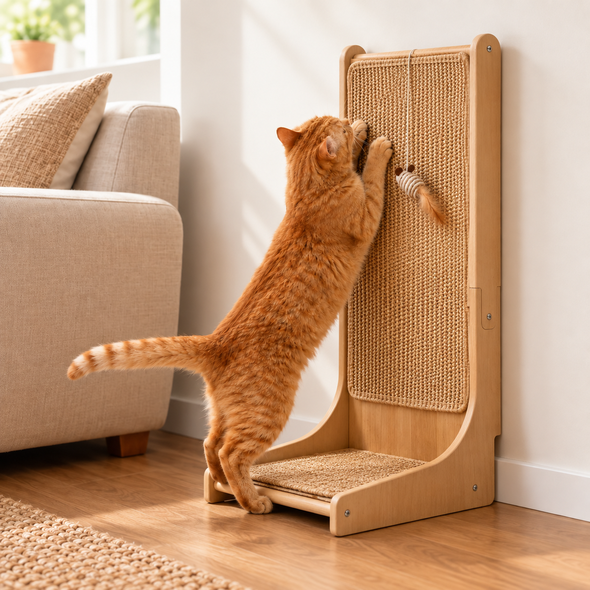 Cat Scratching Post for Indoor Cats Wooden Vertical Cat Scratcher Board with Hanging Toy