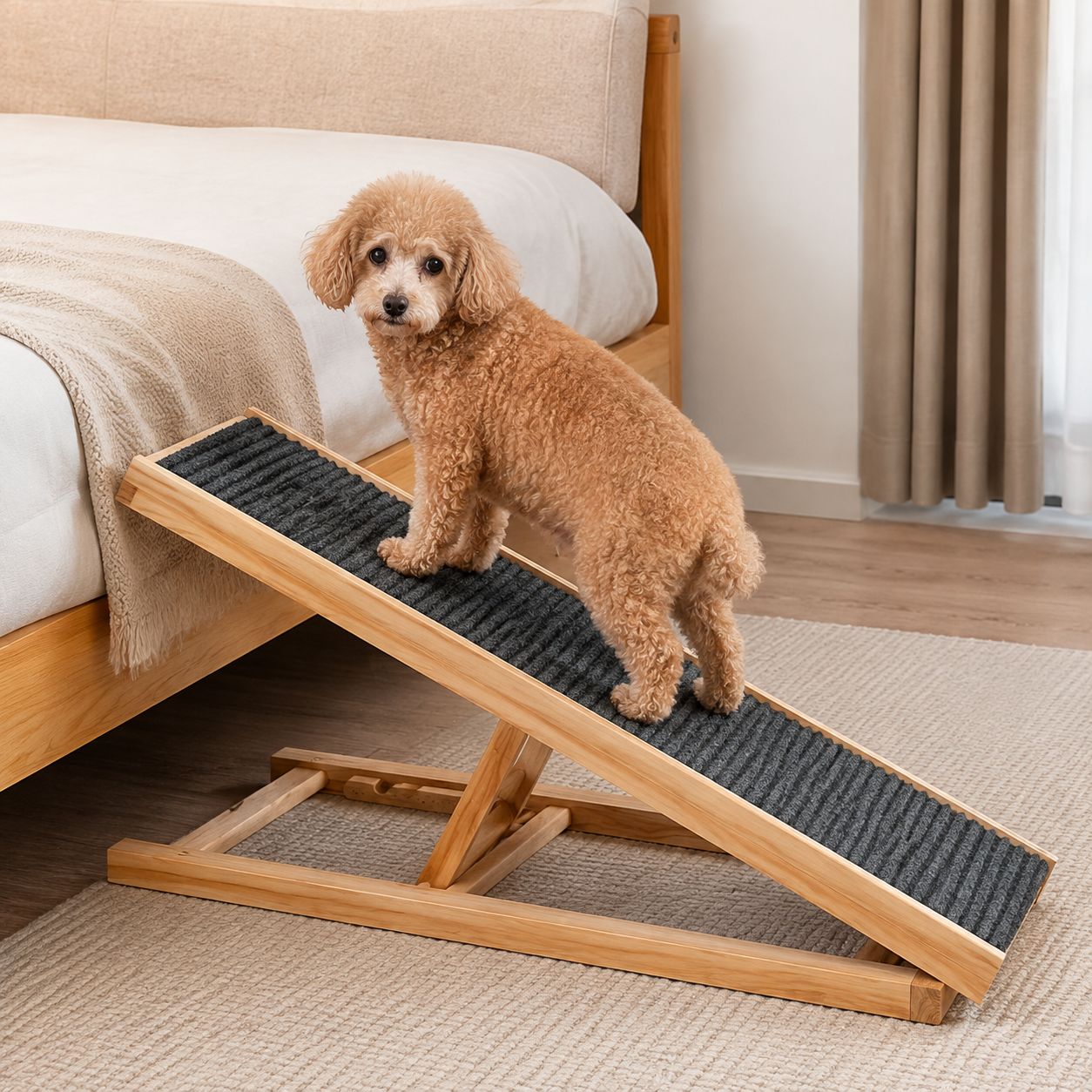 Adjustable Wooden Dog Ramp for Bed, Couch & Car – Foldable Non-Slip Pet Ramp for Small, Large & Senior Dogs, 132 lb Capacity