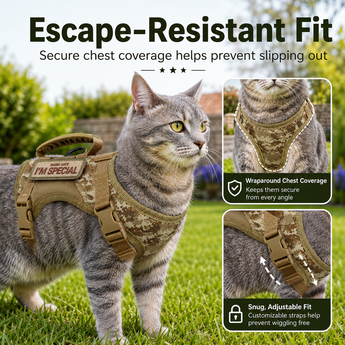 Tactical Cat Harness with Leash for Outdoor Walks, Adjustable Escape-Resistant Vest for Cats