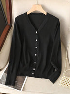 Fine Knit Button Front V-Neck Cardigan