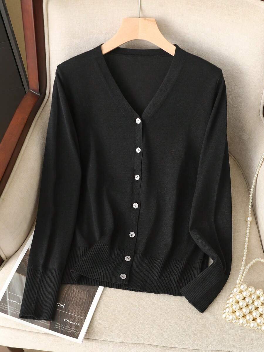 Fine Knit Button Front V-Neck Cardigan