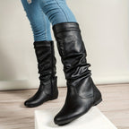 Flat Heel Slouch Mid-Calf Boots with Side Zip