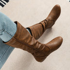Flat Heel Slouch Mid-Calf Boots with Side Zip