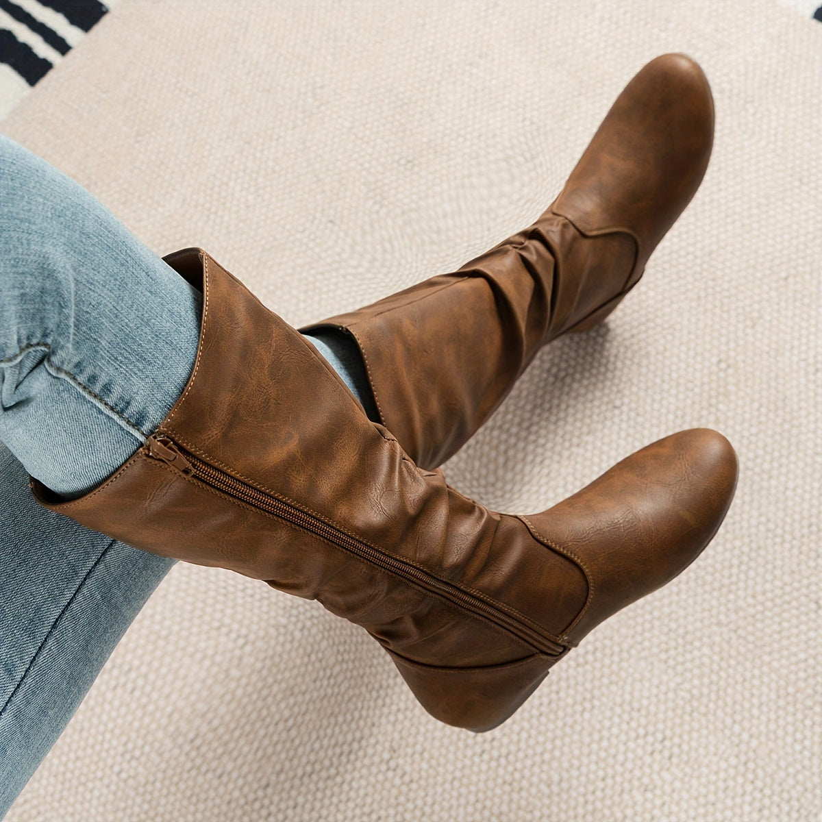 Flat Heel Slouch Mid-Calf Boots with Side Zip
