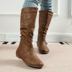 Flat Heel Slouch Mid-Calf Boots with Side Zip