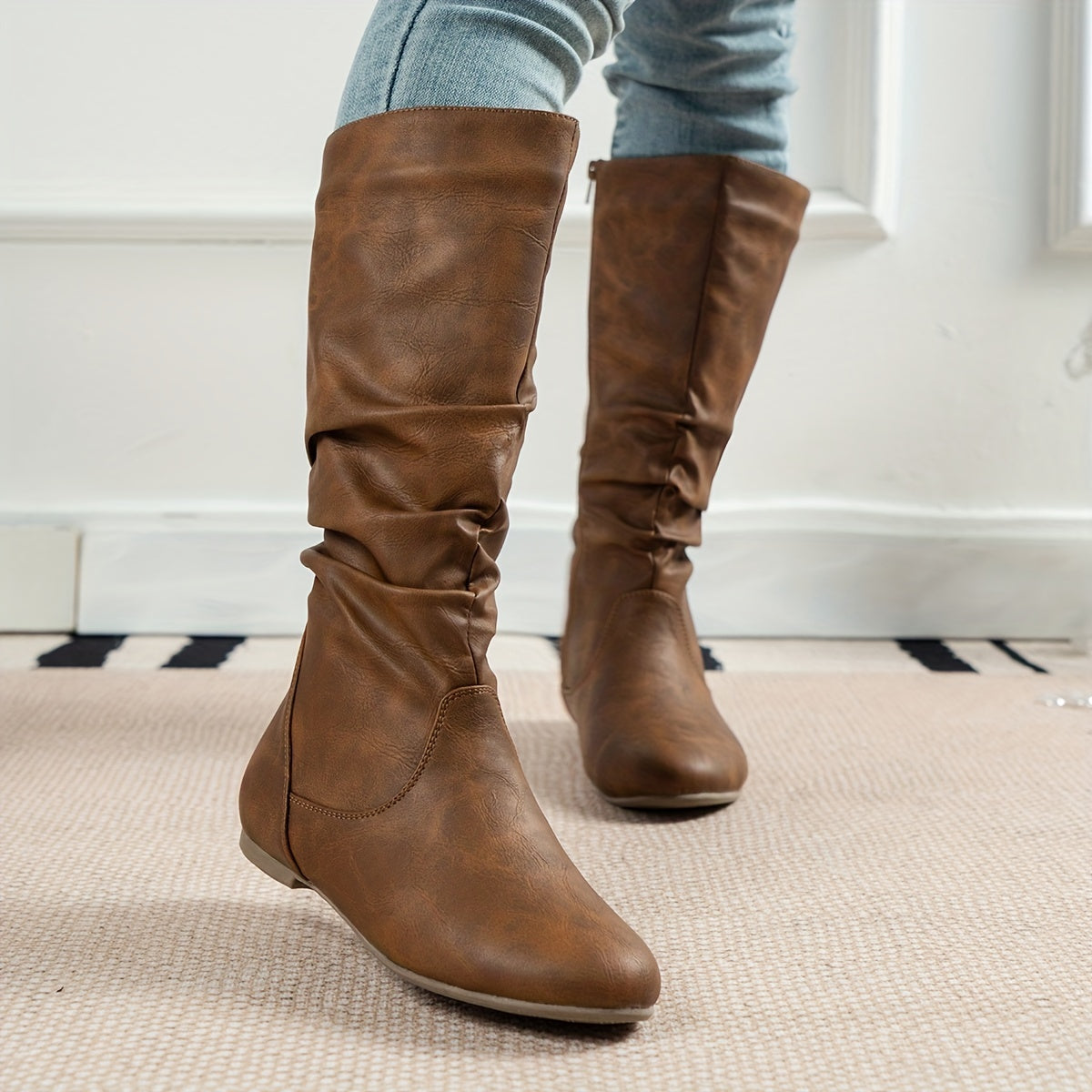 Flat Heel Slouch Mid-Calf Boots with Side Zip