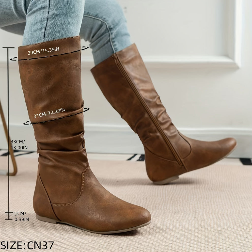 Flat Heel Slouch Mid-Calf Boots with Side Zip