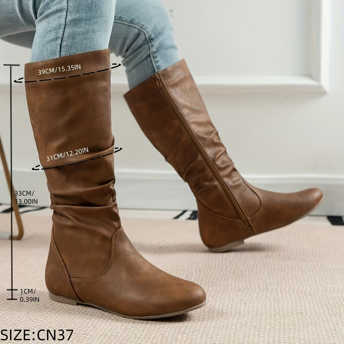 Flat Heel Slouch Mid-Calf Boots with Side Zip