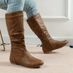 Flat Heel Slouch Mid-Calf Boots with Side Zip