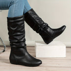 Flat Heel Slouch Mid-Calf Boots with Side Zip