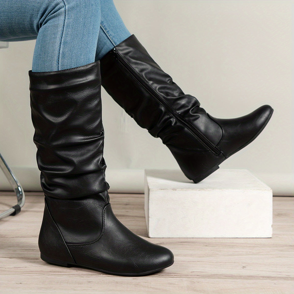 Flat Heel Slouch Mid-Calf Boots with Side Zip