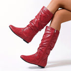 Flat Heel Slouch Mid-Calf Boots with Side Zip