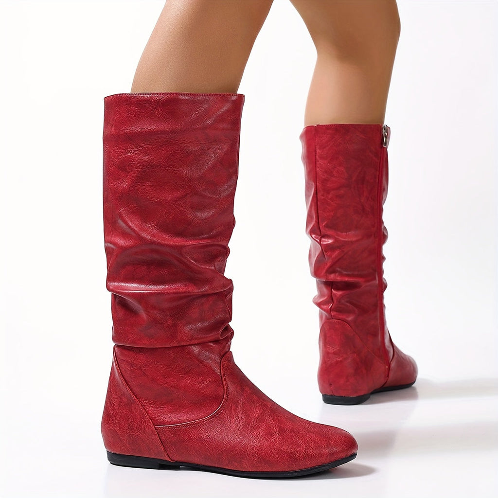 Flat Heel Slouch Mid-Calf Boots with Side Zip
