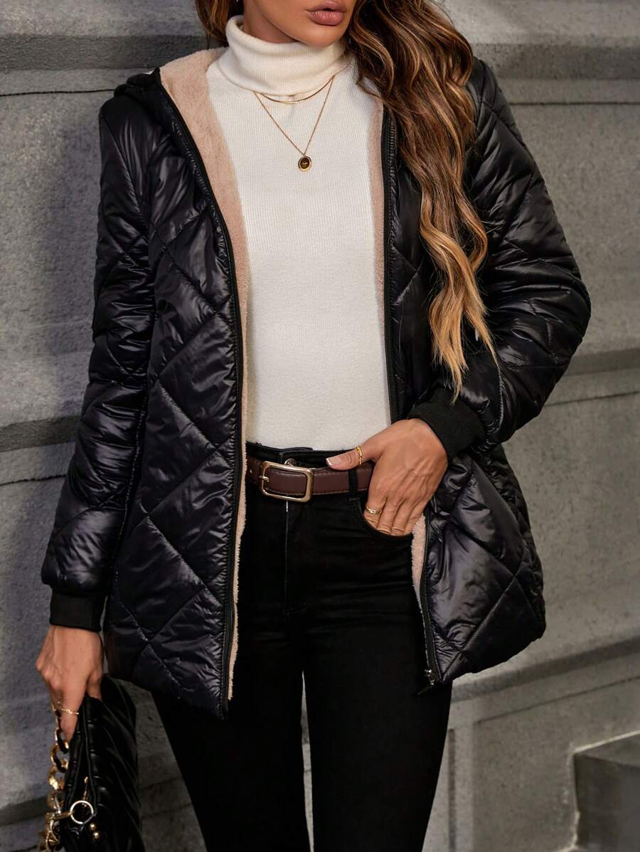 Fleece Lined Diamond Quilted Hooded Jacket