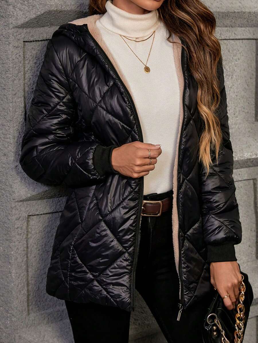 Fleece Lined Diamond Quilted Hooded Jacket