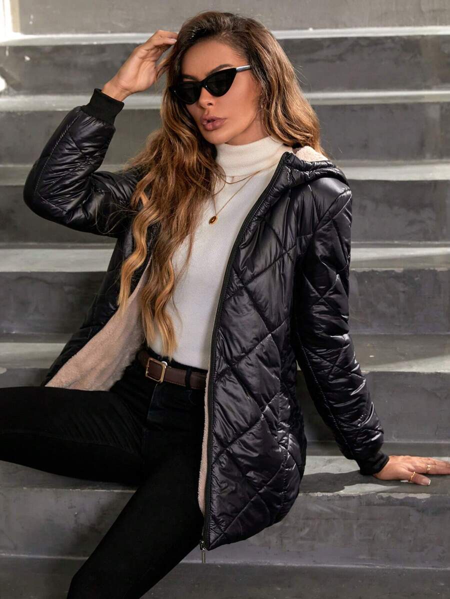 Fleece Lined Diamond Quilted Hooded Jacket