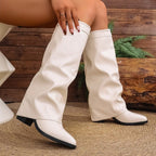 Fold Over Pointed Toe Knee High Boots