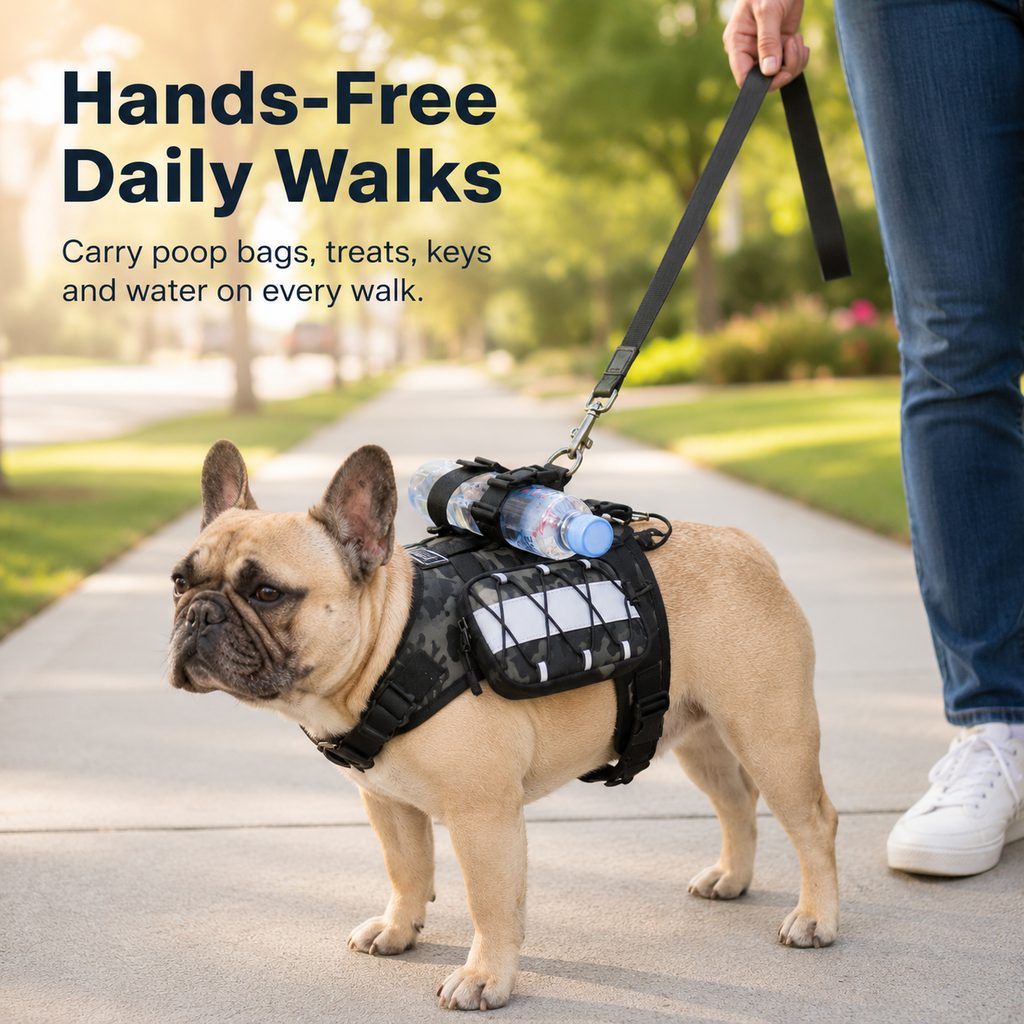 Frenchie Tactical Dog Vest Backpack for Daily Walks - Reflective Small Dog Harness with Water Bottle Holder & Side Pockets