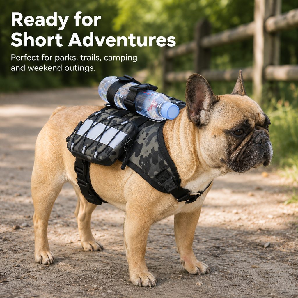 Frenchie Tactical Dog Vest Backpack for Daily Walks - Reflective Small Dog Harness with Water Bottle Holder & Side Pockets