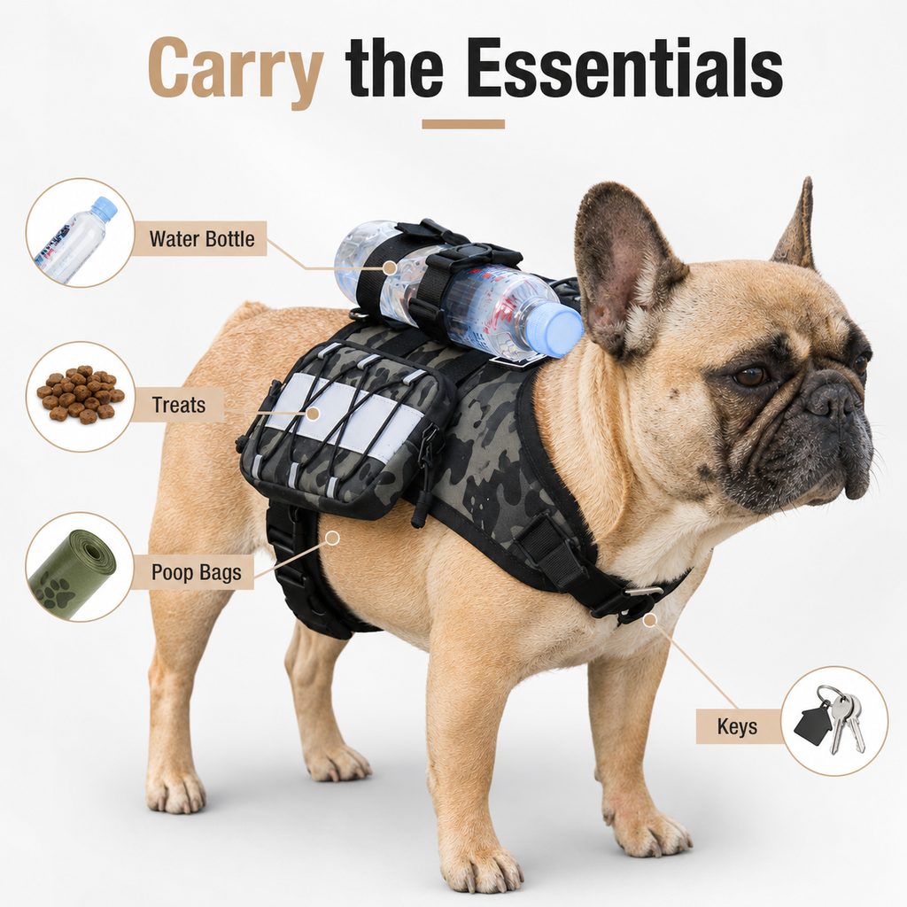 Frenchie Tactical Dog Vest Backpack for Daily Walks - Reflective Small Dog Harness with Water Bottle Holder & Side Pockets