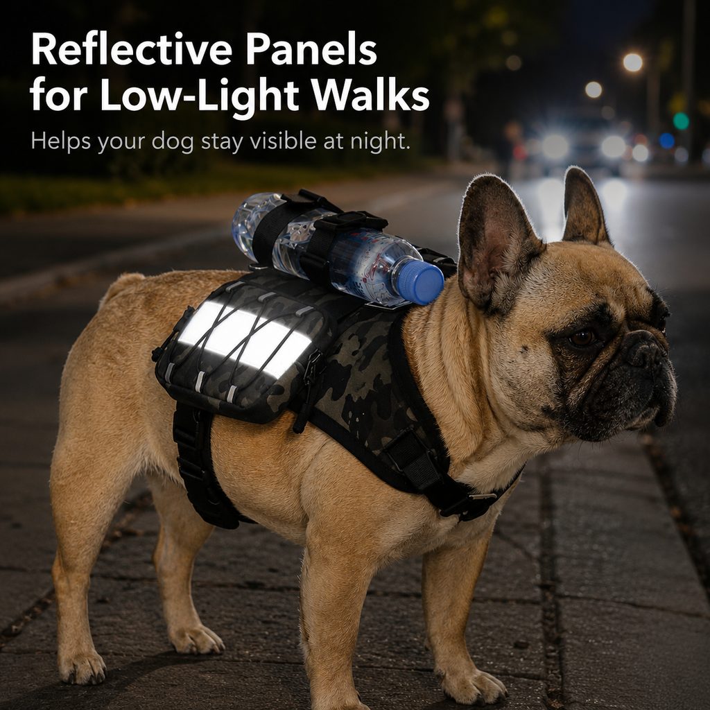 Frenchie Tactical Dog Vest Backpack for Daily Walks - Reflective Small Dog Harness with Water Bottle Holder & Side Pockets