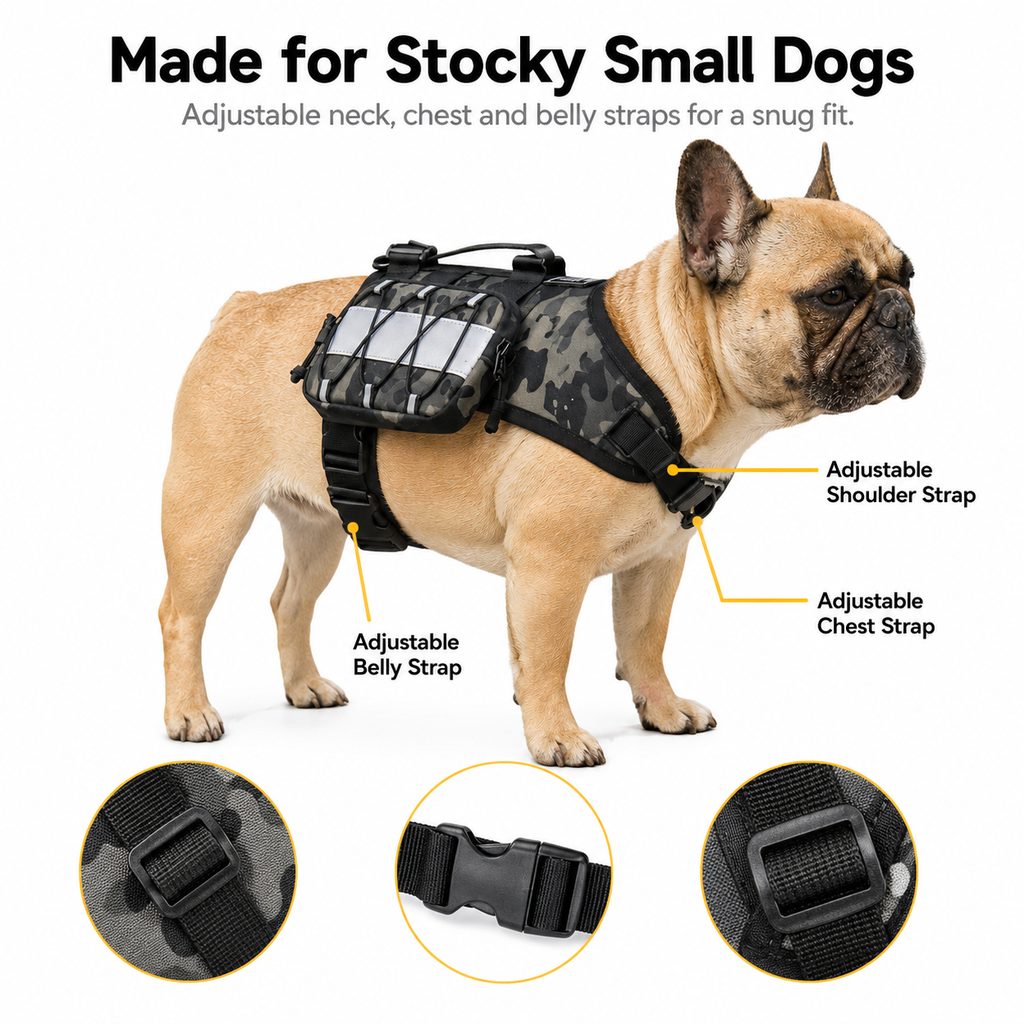 Frenchie Tactical Dog Vest Backpack for Daily Walks - Reflective Small Dog Harness with Water Bottle Holder & Side Pockets