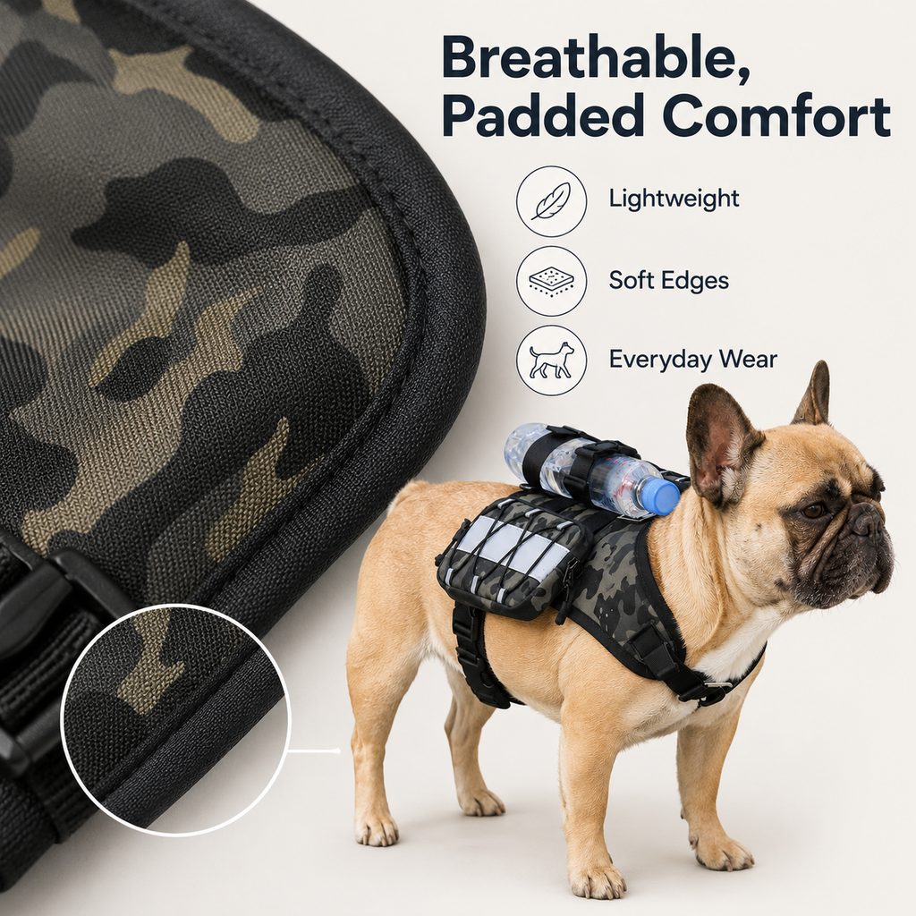 Frenchie Tactical Dog Vest Backpack for Daily Walks - Reflective Small Dog Harness with Water Bottle Holder & Side Pockets