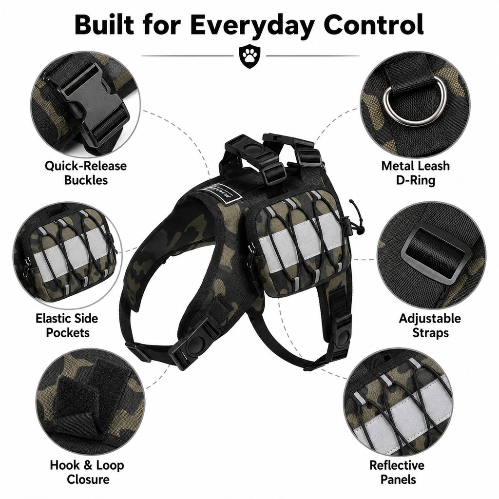 Frenchie Tactical Dog Vest Backpack for Daily Walks - Reflective Small Dog Harness with Water Bottle Holder & Side Pockets