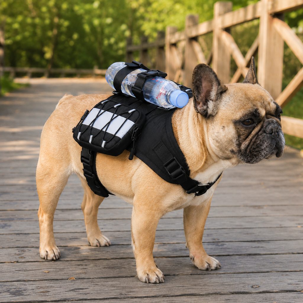 Frenchie Tactical Dog Vest Backpack for Daily Walks - Reflective Small Dog Harness with Water Bottle Holder & Side Pockets