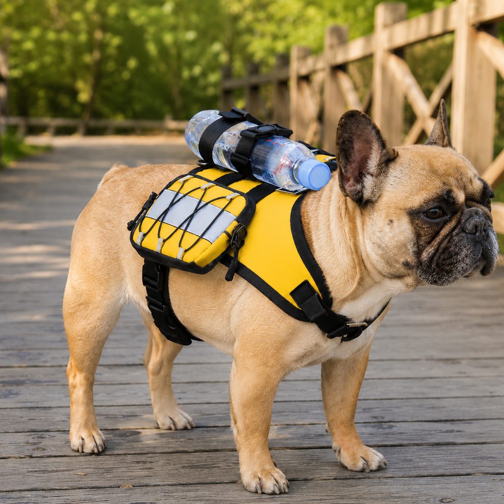 Frenchie Tactical Dog Vest Backpack for Daily Walks - Reflective Small Dog Harness with Water Bottle Holder & Side Pockets