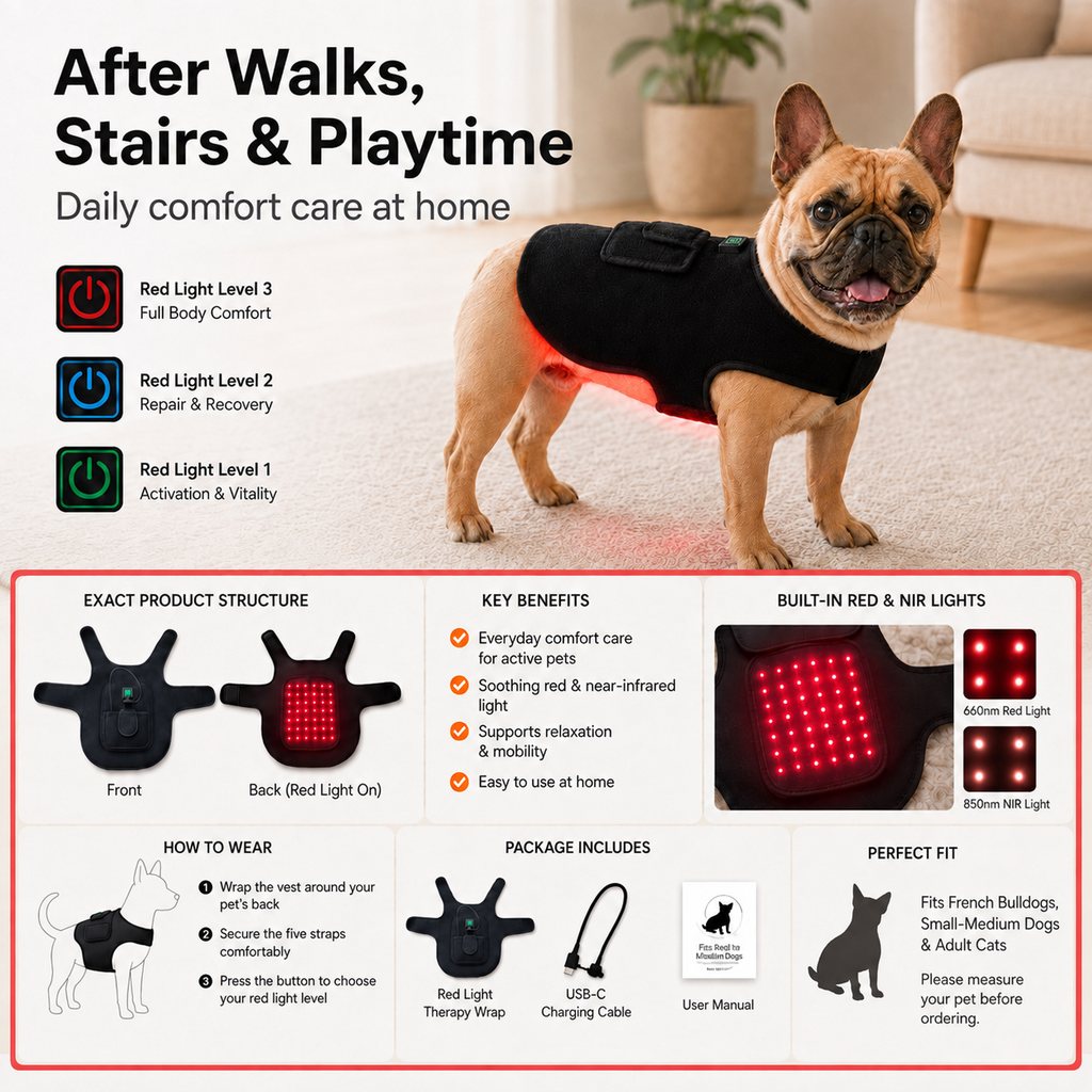 Red Light Comfort Vest for French Bulldogs - USB-Powered or Built-In Battery At-Home Back, Belly & Hip Comfort After Walks, Stairs & Playtime