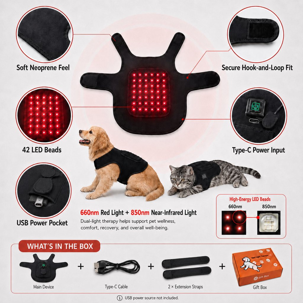Red Light Comfort Vest for French Bulldogs - USB-Powered or Built-In Battery At-Home Back, Belly & Hip Comfort After Walks, Stairs & Playtime