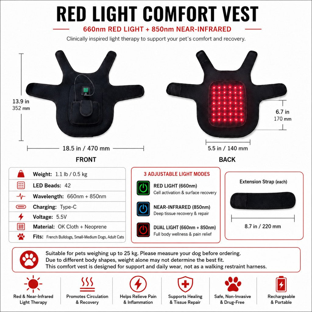 Red Light Comfort Vest for French Bulldogs - USB-Powered or Built-In Battery At-Home Back, Belly & Hip Comfort After Walks, Stairs & Playtime