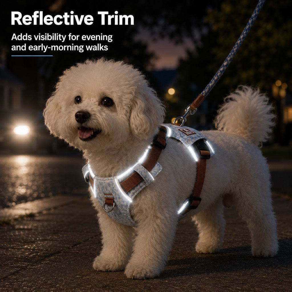 Vintage Denim No-Pull Dog Harness &5 ft Rope Leash Set - Soft Adjustable Vest for Everyday Walks, Better Control & Low-Light Visibility