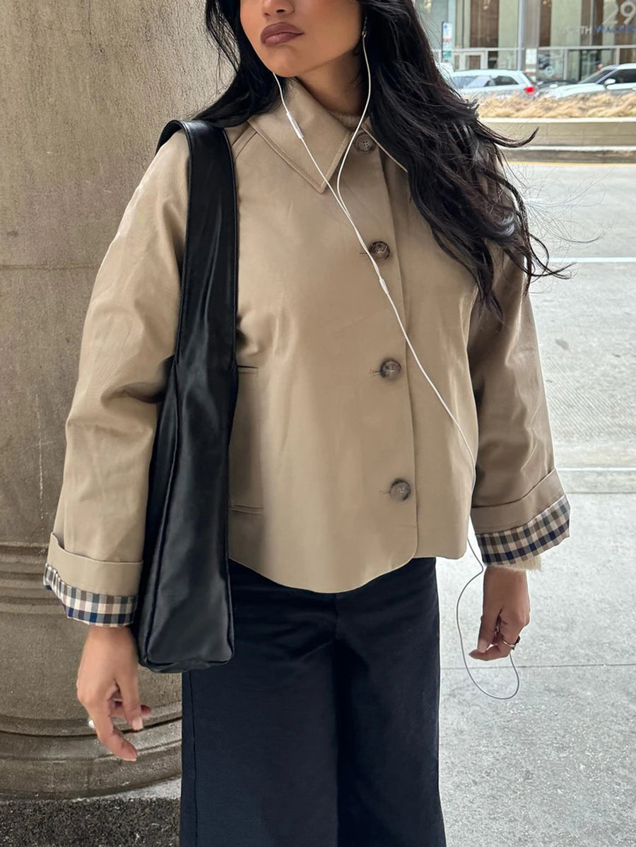 Gingham Lined Cropped Jacket with Turn-Back Cuffs