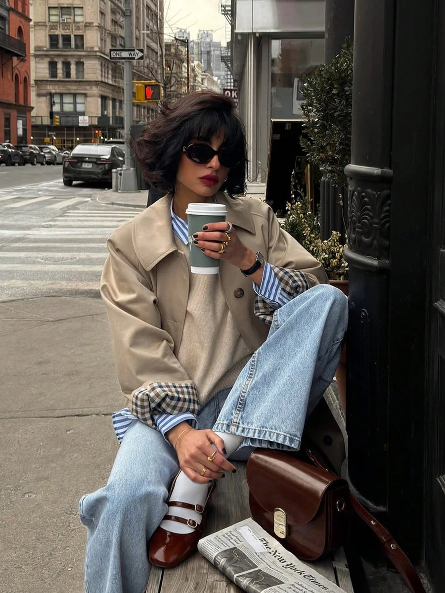 Gingham Lined Cropped Jacket with Turn-Back Cuffs