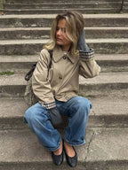 Gingham Lined Cropped Jacket with Turn-Back Cuffs