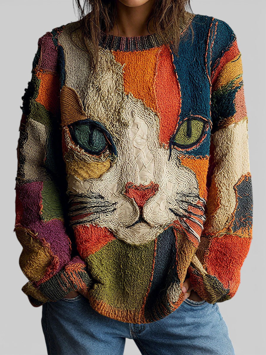 Women's Patchwork Crew Neck Sweater, Long Sleeves, Multicolour