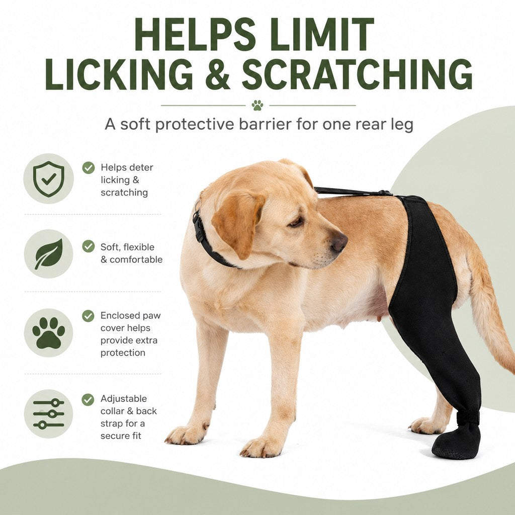 Adjustable Dog Rear Leg Recovery Sleeve with Paw Cover - Helps Limit Licking During Post-Surgery Rest