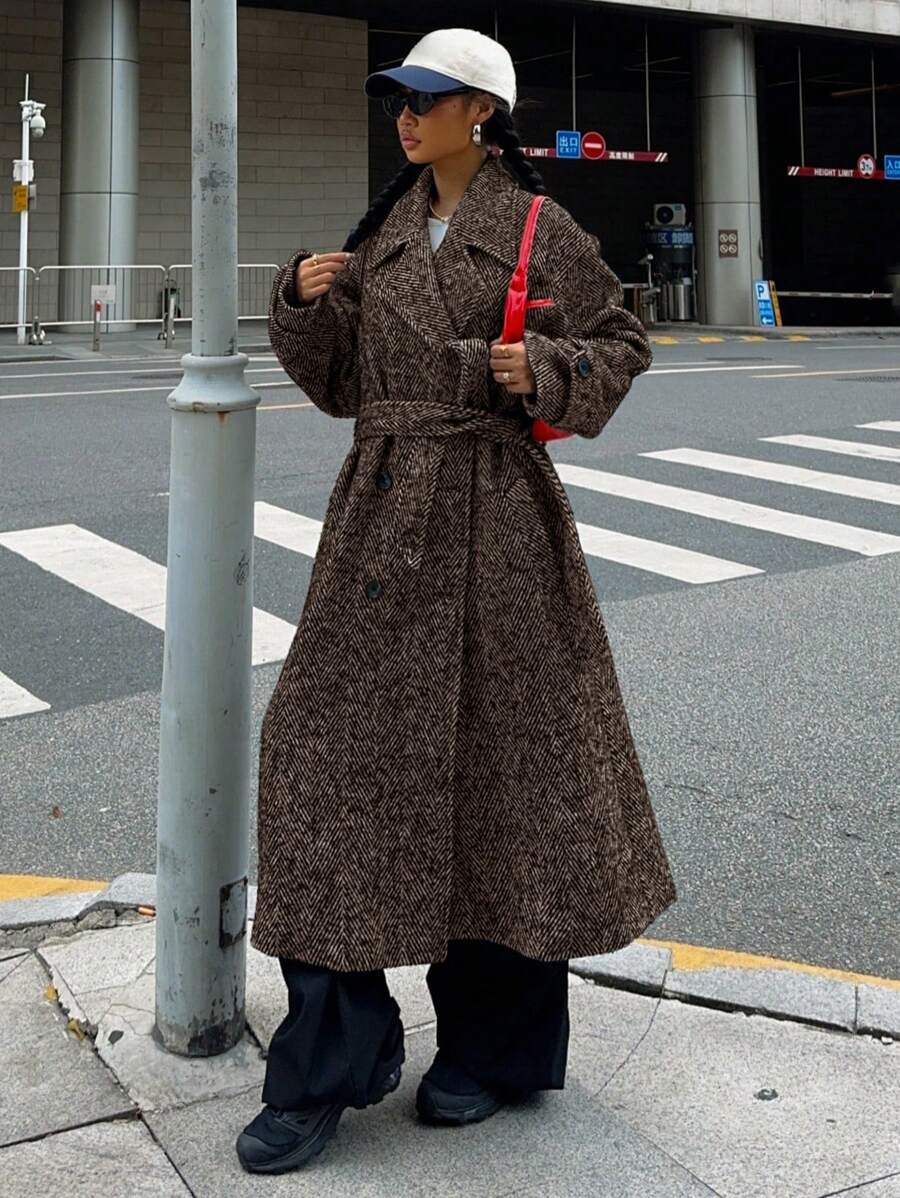 Herringbone Drop Shoulder Longline Coat