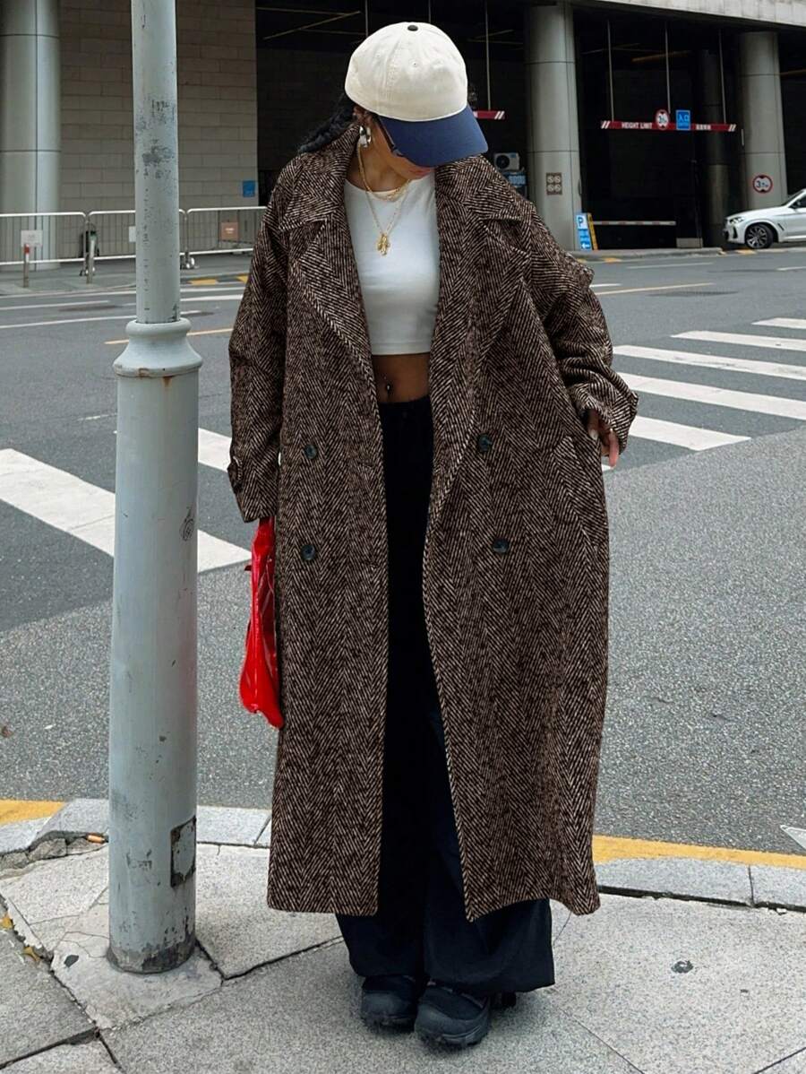 Herringbone Drop Shoulder Longline Coat