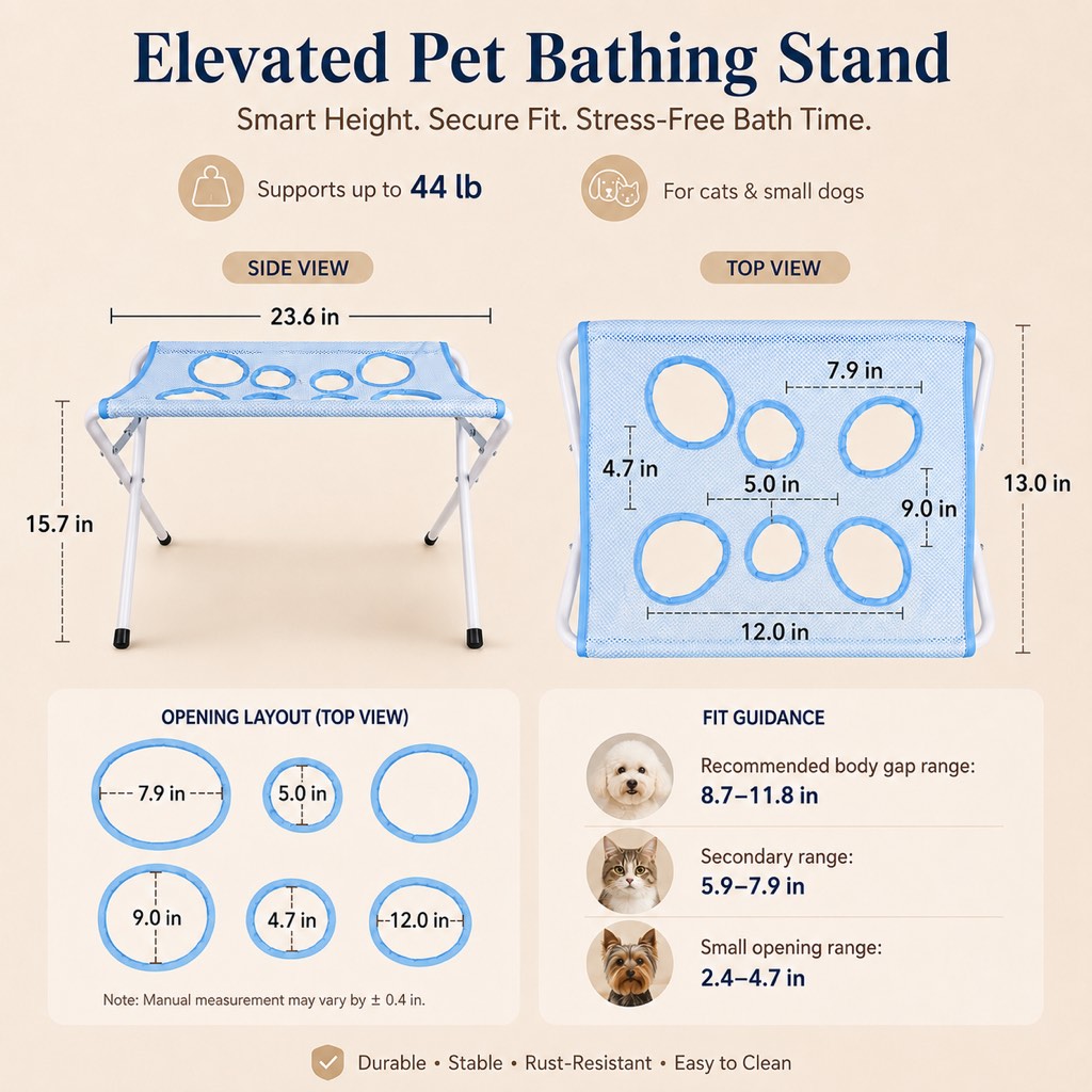 Pet grooming rack suitable for cats and small to medium-sized dogs - foldable eight-opening design for convenient home grooming.