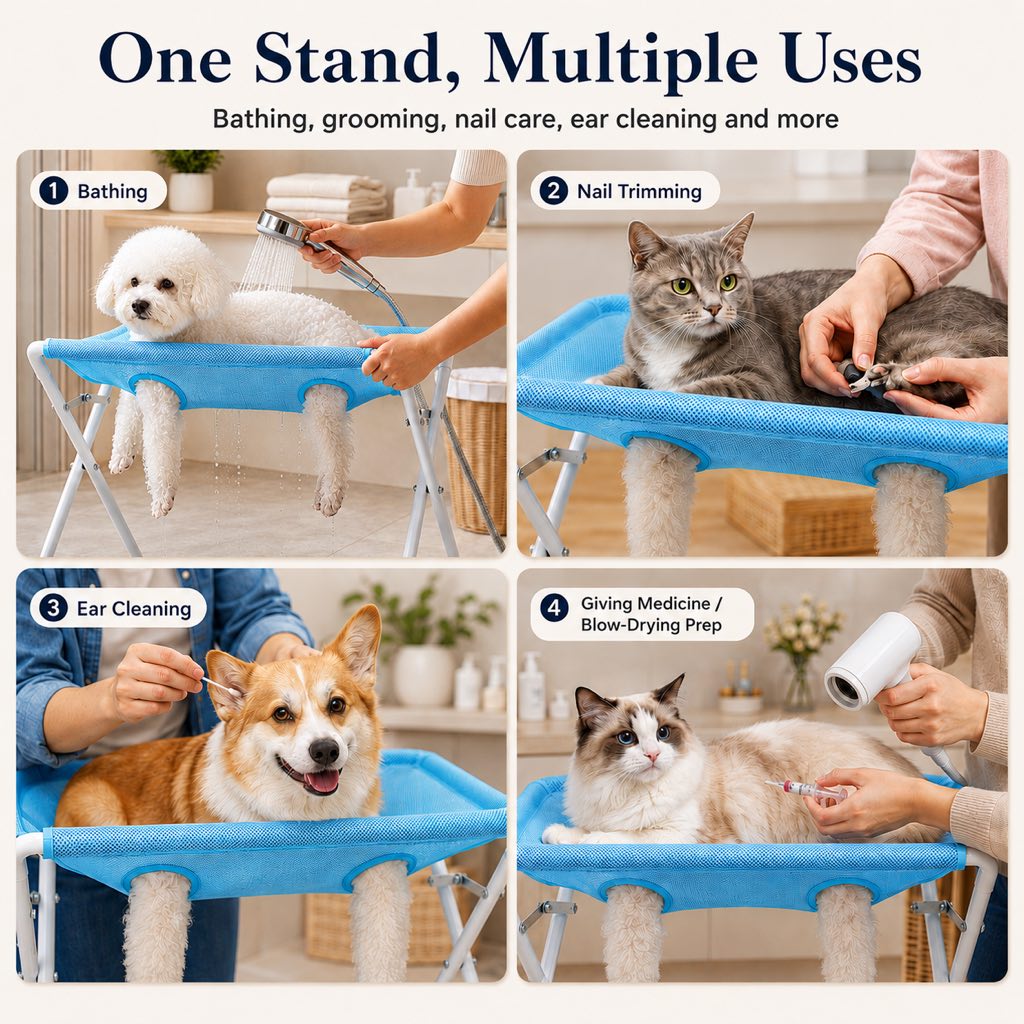 Pet grooming rack suitable for cats and small to medium-sized dogs - foldable eight-opening design for convenient home grooming.