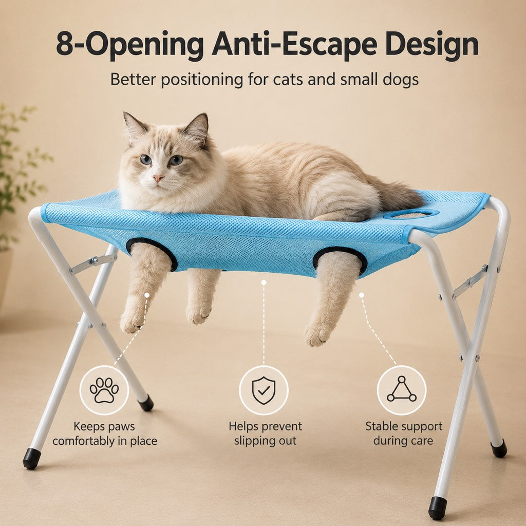 Pet grooming rack suitable for cats and small to medium-sized dogs - foldable eight-opening design for convenient home grooming.