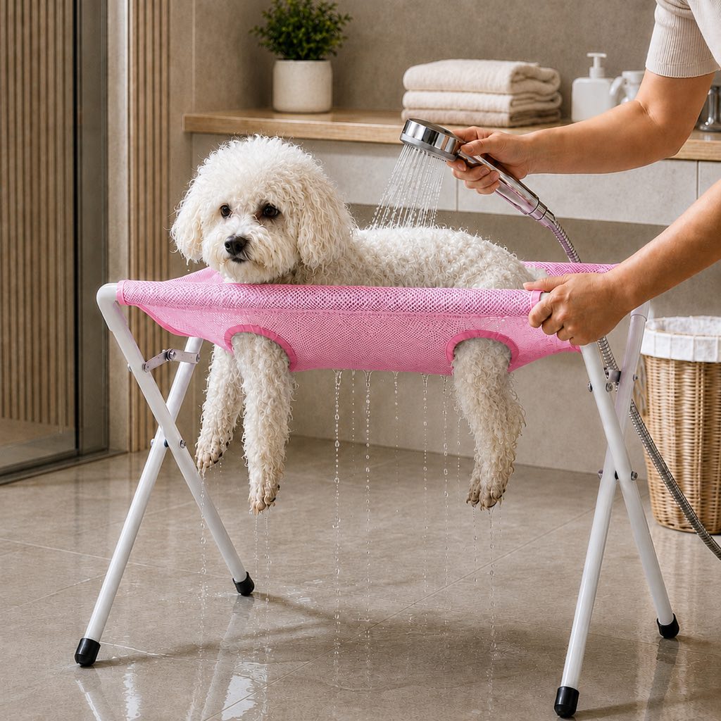 Pet grooming rack suitable for cats and small to medium-sized dogs - foldable eight-opening design for convenient home grooming.