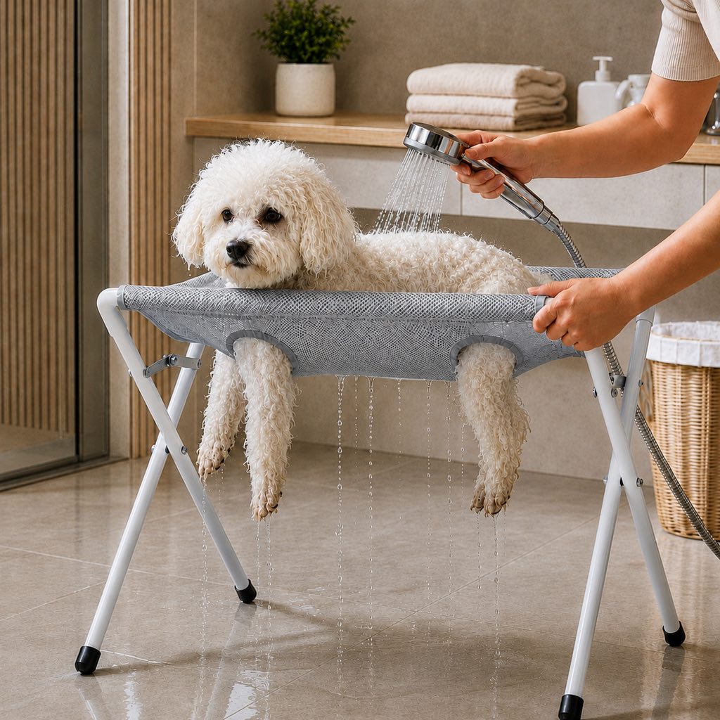 Pet grooming rack suitable for cats and small to medium-sized dogs - foldable eight-opening design for convenient home grooming.