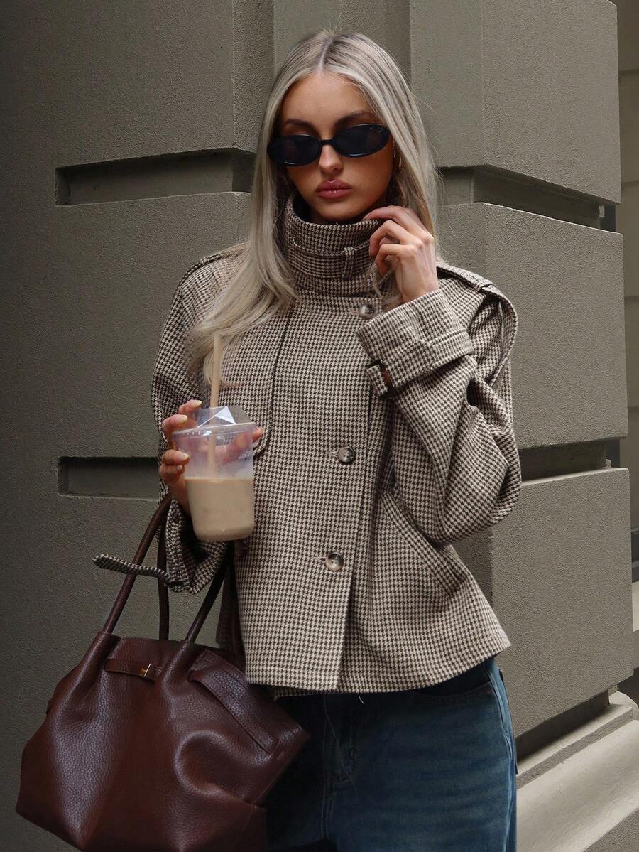 Houndstooth Funnel Neck Jacket